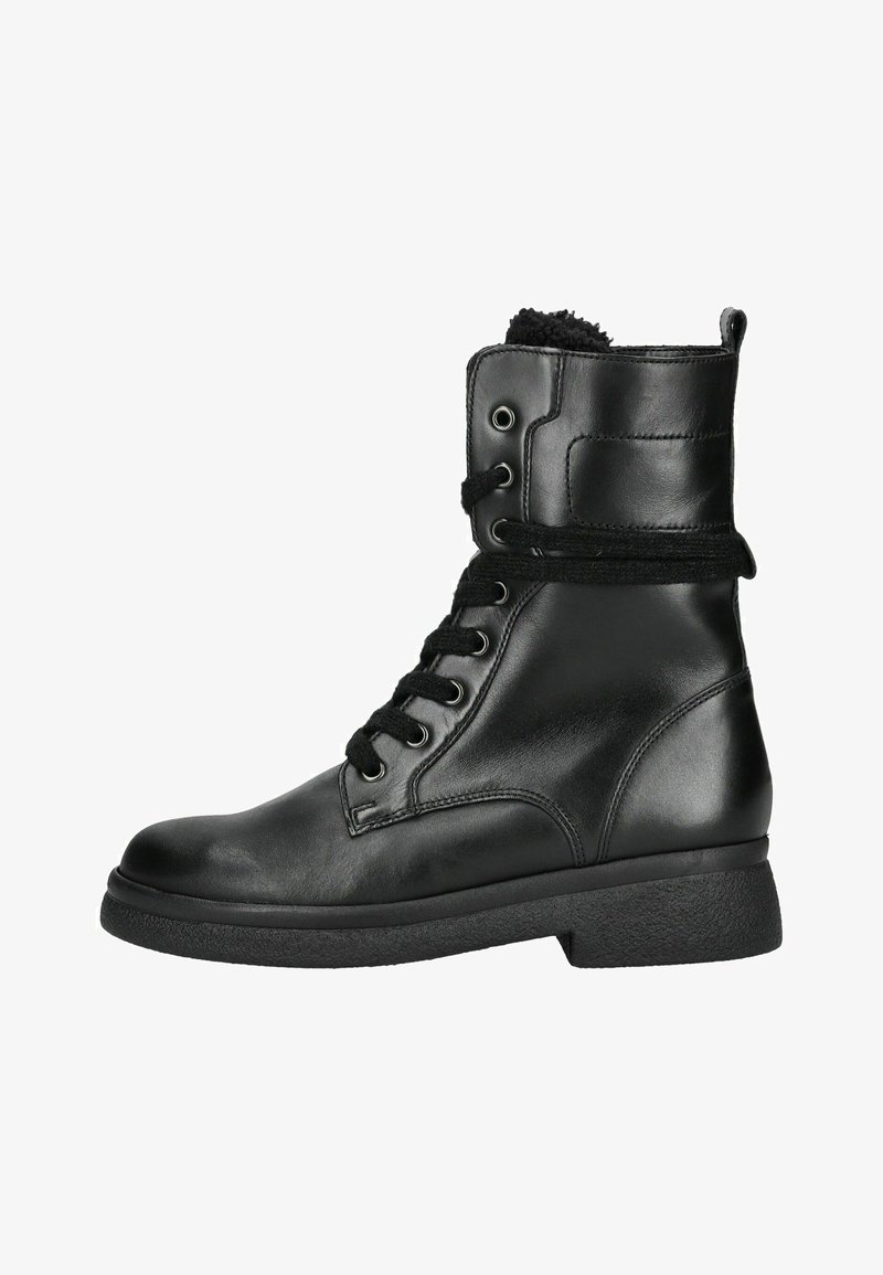 Black leather ankle boot with lace-up front, fuzzy inner lining, and sturdy textured sole shown from the side.
