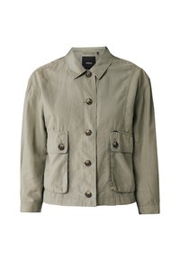 Giacca verde oliva chiaro in cotone con colletto a punta, chiusura frontale con bottoni, due tasche sul petto e vestibilità rilassata.