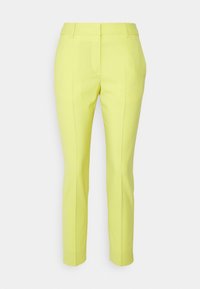 Citrongula skräddarsydda byxor med slim fit, som har en slät textur, platt front och en veck ner för benen. Inga synliga detaljer.