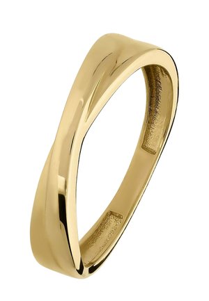 Smooth polished gold ring with a subtle twisted design and slightly rounded edges.