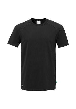 Schwarzes Baumwoll-T-Shirt mit rundem Halsausschnitt, kurzen Ärmeln und Raglan-Schulternähten. Mit einem kleinen Logo auf der unteren linken Seite.
