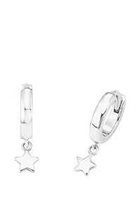 Orecchini a cerchio in argento con una finitura liscia, caratterizzati da un charm a stella pendente. Design semplice con texture lucida e forma circolare.