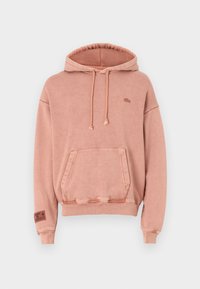 Sudadera de algodón rosa con un bolsillo canguro, capucha con cordones y puños acanalados. Presenta un pequeño logotipo sutil en el pecho.