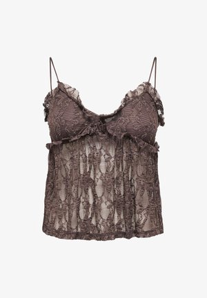 Camisola de encaje marrón con tirantes finos ajustables, patrón floral y ribete fruncido a lo largo del escote y la zona del pecho.