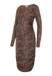 Long-sleeve dress in brown with black abstract zebra print, featuring a V-neckline and gathered side for added shape. Smooth, soft fabric.