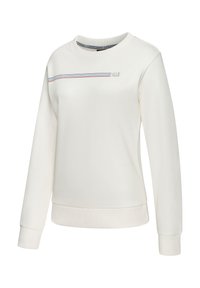 Light cream pullover sweatshirt made of soft cotton. Features a ribbed crew neckline, long sleeves, and a horizontal striped design across the chest.