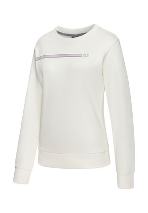 Light cream pullover sweatshirt made of soft cotton. Features a ribbed crew neckline, long sleeves, and a horizontal striped design across the chest.