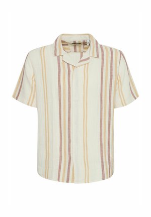 Košulja kratkih rukava u krem boji s vertikalnim prugama u žutoj i crvenkasto-smeđoj boji. Izrađena od laganog materijala; meka tekstura.