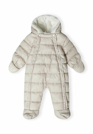 Gepolsterter Babyschneeanzug in hellem Beige mit dezenten weißen Mustern, einer weichen, mit Fleece ausgekleideten Kapuze, elastischen Bündchen und Fußabdeckungen für Wärme.