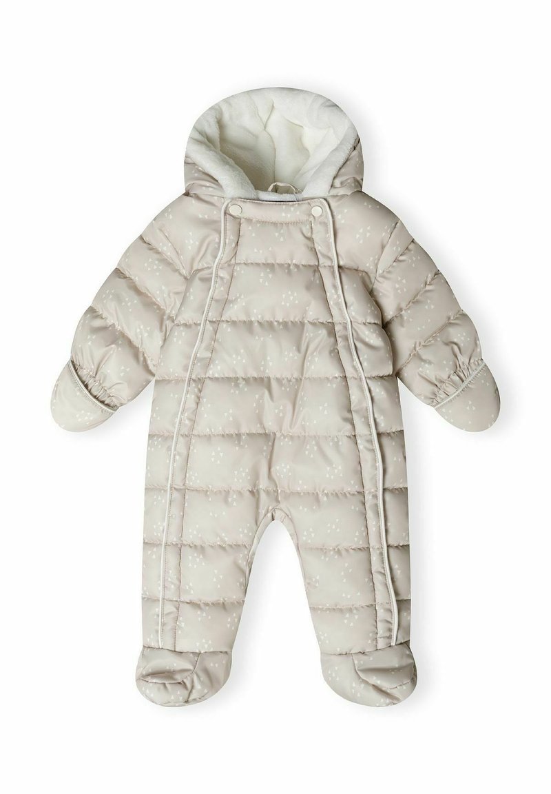 Combinaison de neige matelassée pour bébé en beige clair avec des motifs blancs subtils, une capuche doublée en polaire douce, des poignets élastiqués et des couvre-pieds pour la chaleur.