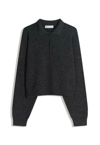 Pulover polo lung cu mânecă dintr-un gri cărbune, cu guler, care dispune de două butoane și un design scurtat. Material moale, texturat.