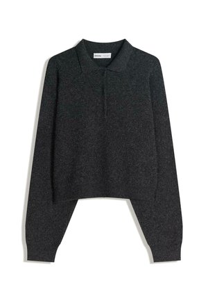 Houtskoolgrijs polo sweater met lange mouwen en een kraag, voorzien van twee knopen en een cropped ontwerp. Zachte, gestructureerde stof.