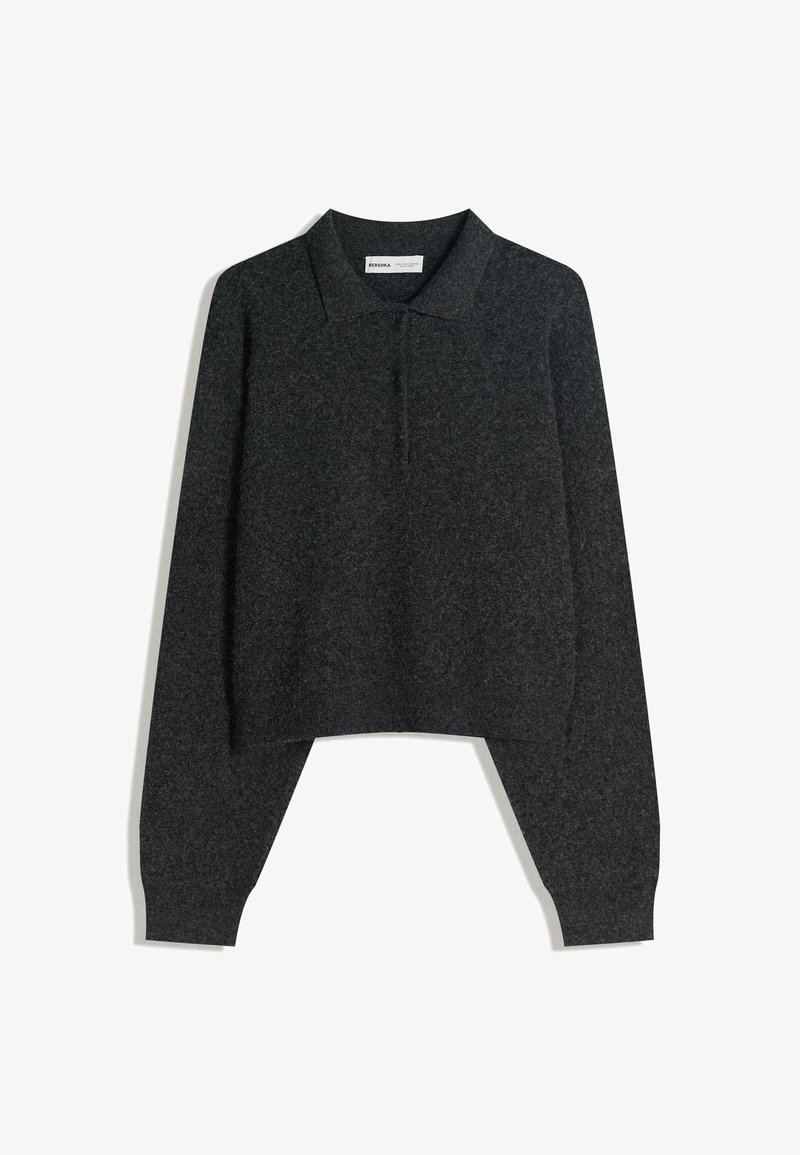 Pulover polo lung cu mânecă dintr-un gri cărbune, cu guler, care dispune de două butoane și un design scurtat. Material moale, texturat.