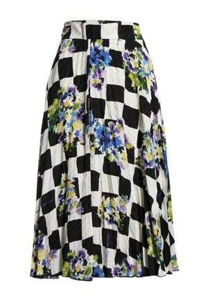 Falda plisada de cuadros en blanco y negro, con estampados florales en azul, morado, verde y amarillo por toda la prenda.