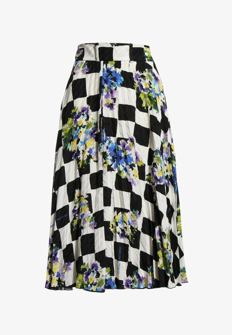 Jupe plissée à carreaux noir et blanc, avec des motifs floraux bleus, violets, verts et jaunes sur toute la surface.