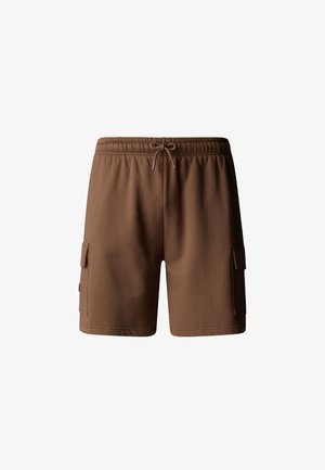 Braune Baumwoll-Cargo-Shorts mit elastischem Bund, Kordelzugverschluss und zwei Seitentaschen. Weiche Textur und Oberschenkel-lange Passform.