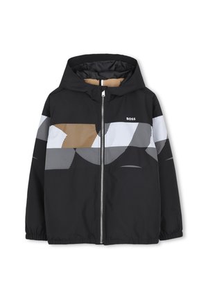 Zwarte capuchonjas met volledige ritssluiting aan de voorkant, elastische manchetten, abstract wit en bruin gestreept ontwerp, en "BOSS" logo op de linkerborst.