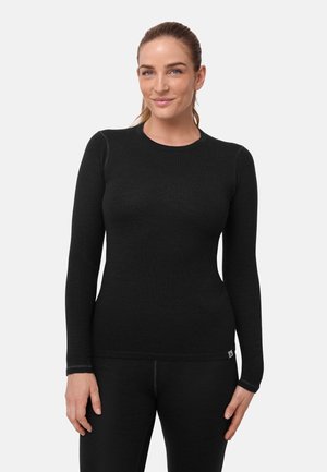 Haut thermique noir à manches longues, coupe ajustée, texture douce, col rond, détails de coutures contrastantes, assorti à un bas noir assorti.