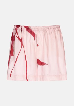 Lichtroze shorts met een rode bloemenpatroon, elastische tailleband en een ontspannen pasvorm. Gemaakt van een gladde stof met een zachte textuur.