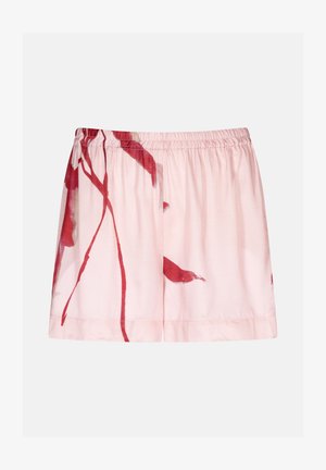 Lichtroze shorts met een rode bloemenpatroon, elastische tailleband en een ontspannen pasvorm. Gemaakt van een gladde stof met een zachte textuur.