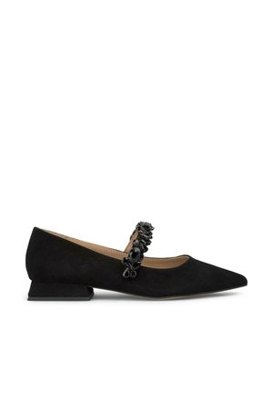 Black suede Mary Jane shoes with a pointed toe, low block heel, and decorative black beaded strap across the instep.