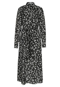 Abito camicia midi nero con motivo a foglie bianche, maniche lunghe, chiusura con bottoni sul davanti, colletto e cintura abbinata in tessuto legata in vita.