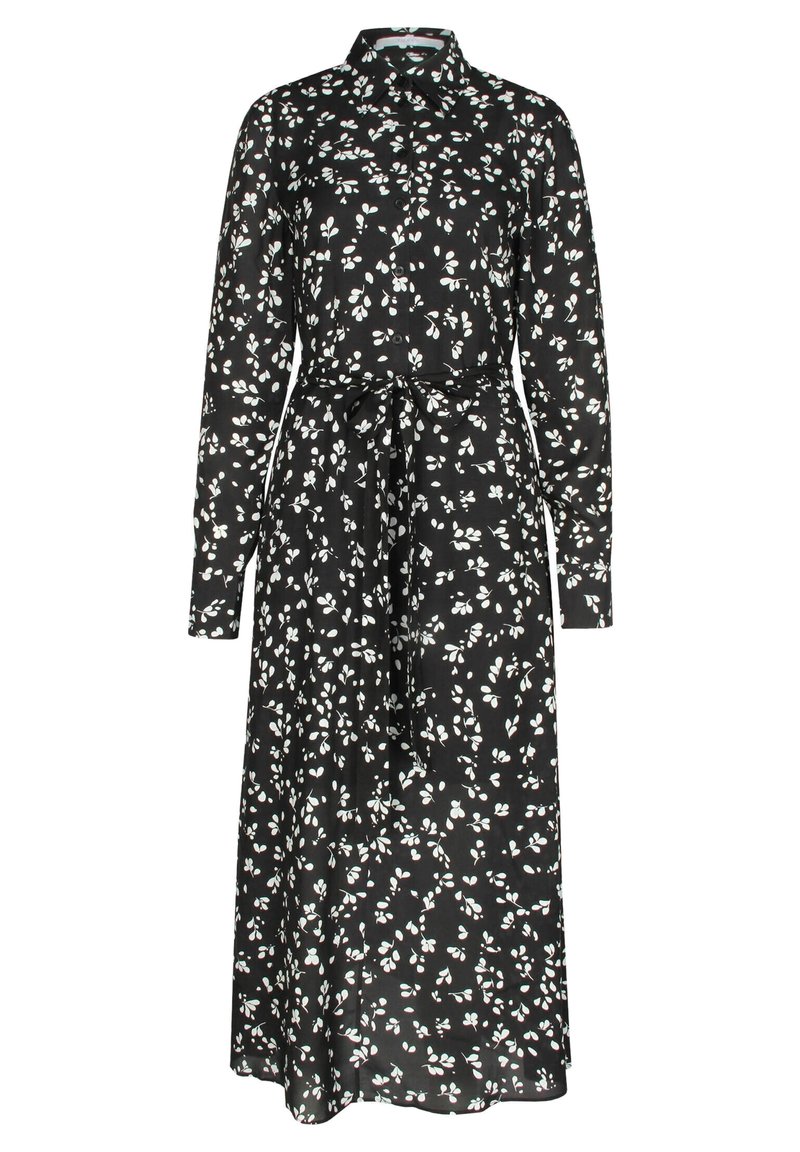 Abito camicia midi nero con motivo a foglie bianche, maniche lunghe, chiusura con bottoni sul davanti, colletto e cintura abbinata in tessuto legata in vita.