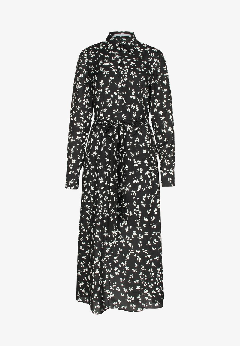 Abito camicia midi nero con motivo a foglie bianche, maniche lunghe, chiusura con bottoni sul davanti, colletto e cintura abbinata in tessuto legata in vita.