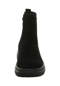 Schwarze Wildlederstiefeletten mit niedrigem Absatz, runder Zehenform und elastischen Seiteneinsätzen für ein einfaches Anziehen. Mit einer strukturierten Oberfläche und minimalistischer Gestaltung.