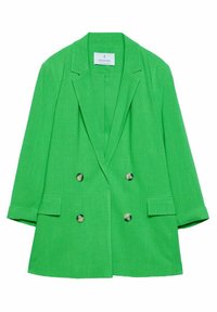 Groene linnen blazer met dubbele knopenrij, gestructureerde revers, twee knopen aan de voorkant en zijzakken; met een textuurrijke stofafwerking.