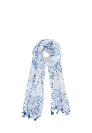 Sciarpa blu chiaro e bianca con motivi floreali e fogliari, piegata in modo morbido con frange alle estremità su sfondo bianco.