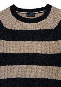 Maglione a maglia grossa con ampie righe orizzontali beige e nere e scollo a girocollo nero, etichettato come taglia S.