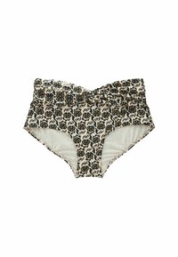 Hochgeschnittene Bikinihose mit einem schwarz-, weiß- und goldfarbenen Blumenmuster, die mit gerafftem Stoff und einem weichen Innenfutter ausgestattet ist.