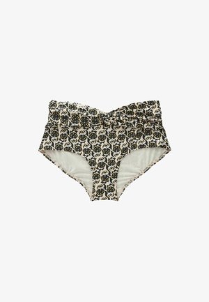 Hochgeschnittene Bikinihose mit einem schwarz-, weiß- und goldfarbenen Blumenmuster, die mit gerafftem Stoff und einem weichen Innenfutter ausgestattet ist.