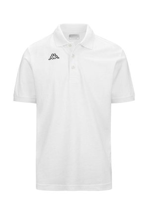 Polo bianca in cotone, con pattina a tre bottoni e un piccolo logo nero sul lato sinistro del petto. Maniche corte, vestibilità classica.