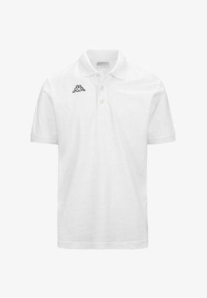 Polo bianca in cotone, con pattina a tre bottoni e un piccolo logo nero sul lato sinistro del petto. Maniche corte, vestibilità classica.