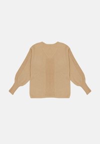 Pull beige avec un décolleté en V, un panneau central texturé et des manches ballon. Confectionné en tissu tricoté doux avec des poignets côtelés.