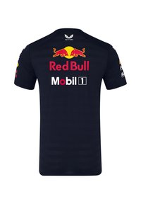Ciemnoniebieska koszulka sportowa z okrągłym dekoltem, krótkimi rękawami i paskowanym wzorem. Prezentuje wyraźnie logo Red Bull i Mobil 1 w intensywnych kolorach.