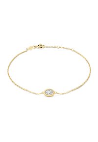 Bracelet en chaîne dorée avec un accent de pierre claire ovale, présentant un design délicat et un fermoir à mousqueton sécurisé.