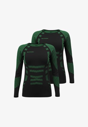 Schwarze Thermoshirts mit langen Ärmeln und grünen Akzenten, mit strukturiertem Design, geometrischen Mustern und dem "POLAR HUSKY"-Logo auf der Vorderseite.