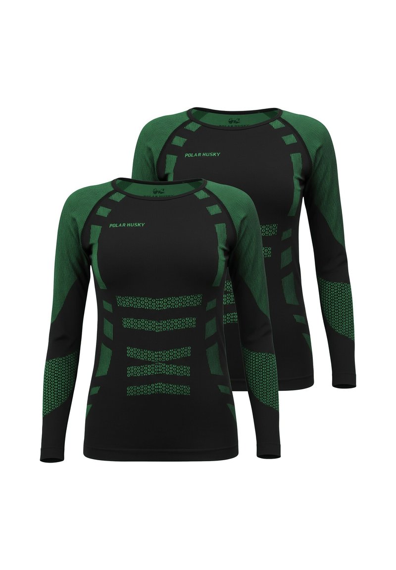 Black long-sleeve thermal shirts with green accents, featuring a textured design, geometric patterns, and the "POLAR HUSKY" logo on the front.