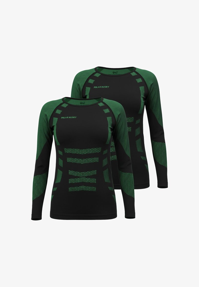 Black long-sleeve thermal shirts with green accents, featuring a textured design, geometric patterns, and the "POLAR HUSKY" logo on the front.