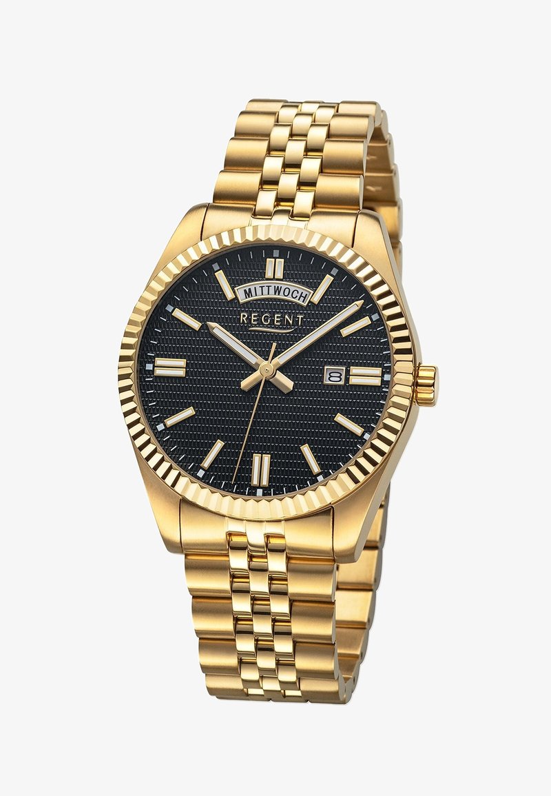 Montre en acier inoxydable doré avec un cadran noir texturé, des index luminescents et un affichage de la date. Comprend un bracelet à maillons et une lunette striée.