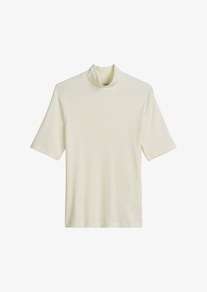 Ribbed, short-sleeve turtleneck top in off-white. Features a high collar and a soft, textured fabric. Clean, minimalist design with no patterns.