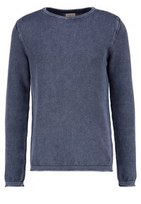 Marineblau strukturierter Strickpullover mit langen Ärmeln, Rundhalsausschnitt sowie gerippten Bündchen und Saum.