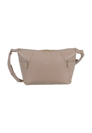 Beige Leder-Gürteltasche mit verstellbarem Riemen, zwei seitlichen Reißverschlusstaschen und goldfarbenen Reißverschlussanhängern.