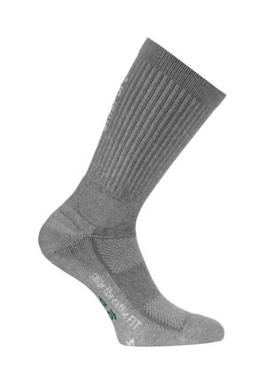 Graue knielange Socke mit strukturiertem Rippendesign, verstärkter Ferse und Zehenbereich, Polsterzone und Logodetail in Weiß und Grün in der Nähe des Knöchels.
