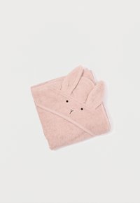Asciugamano con cappuccio rosa con orecchie di coniglio, realizzato in morbido tessuto di spugna. Presenta un volto ricamato con occhi e naso neri. Bordato con un leggero trim.