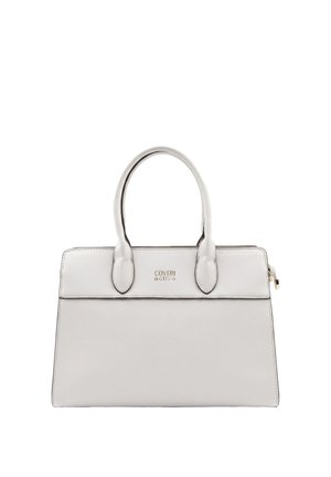 Borsa rettangolare grigio chiaro con due manici, cerniera dorata sul lato e logo "Coveri active" al centro davanti.
