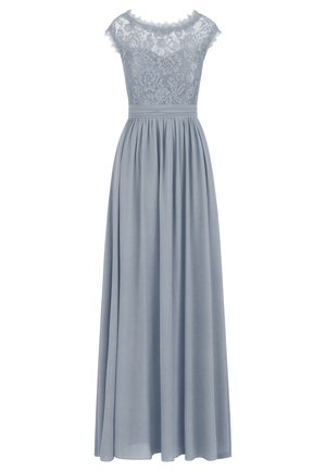 Robe bleu clair avec un corsage en dentelle et des manches courtes, présentant une jupe plissée et une ceinture pour une silhouette définie.